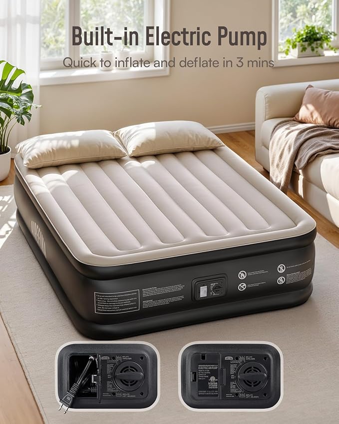 Airefina Queen Air Mattress with Built in Pump, Upgraded Comfort Blow Up Mattress Raised Inflatable Mattress for Guest Home Temporary Camping, Air Bed Queen Size, Colchones Inflables, 700lbs Max