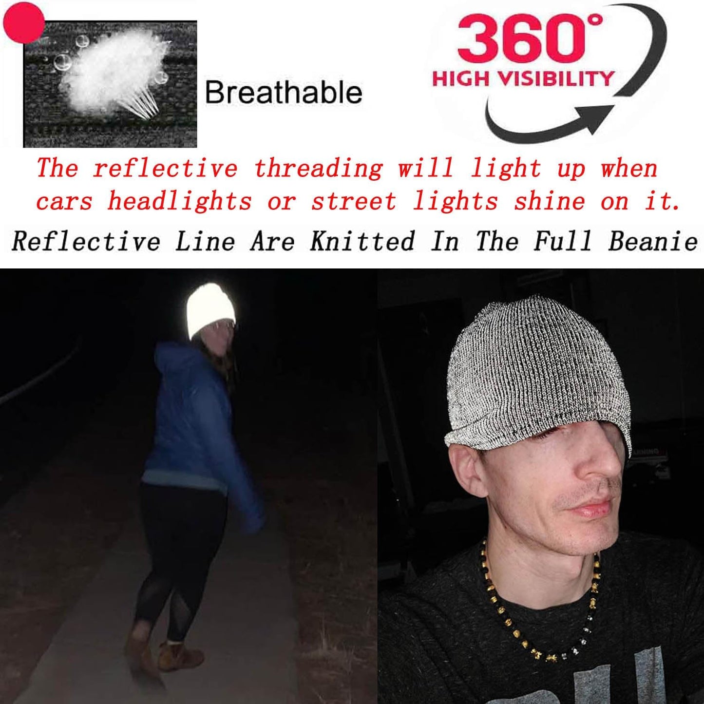 Reflective Beanie Hat High Visibility Warm Winter Loop Knit Cap Gifts for Women Men