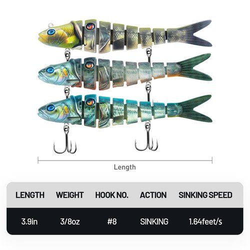 HANDING 3PCS Lifelike Multi Jointed Fishing Lures, Slow Sinking Swimbait for Saltwater, Highly Realistic Fishing Bait, Mustad Hooks Fishing Gifts for Men, Bass Trout Lures, 3.9in, 3/8oz