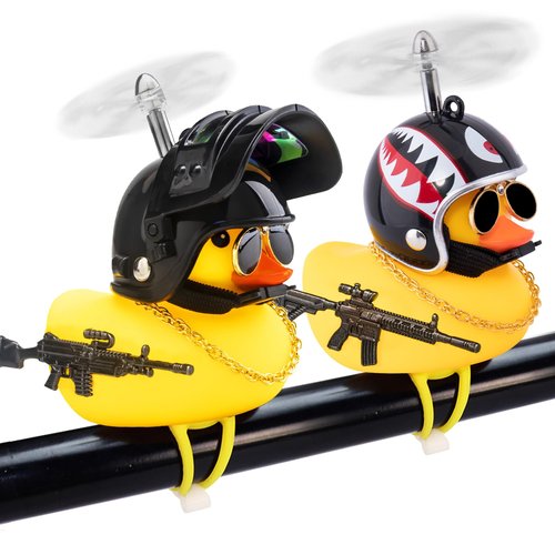 wonuu 2Pcs Car Rubber Duck for Dashboard Decorations with Propeller Helmet Sunglasses Necklace Cars Accessories Yellow Ducks Car Ornament, Black+Shark