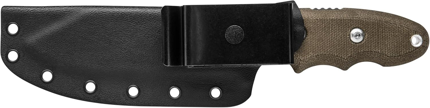 Tops Knives Backpackers Bowie Full Tang Fixed Blade- Tumble Finish-Black Kydex Sheath w/Rotating Spring Steel Clip (Green Canvas Micarta Handle)