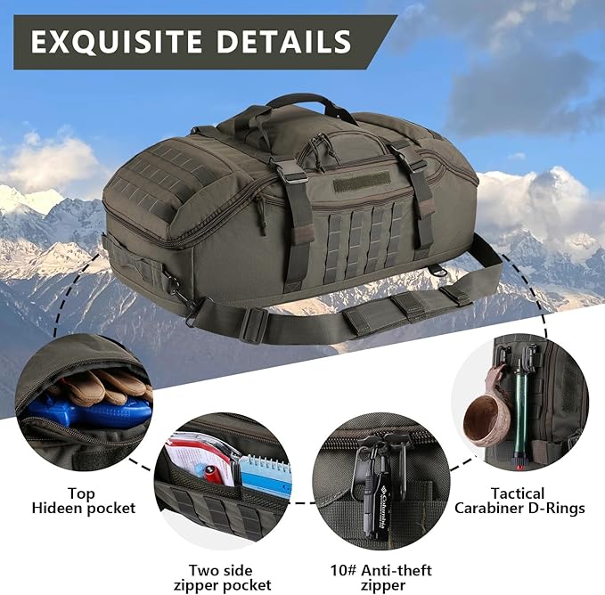 Travel Gym Duffle Bag Tactical, Gear Backpack for Men Women, Large Duffle Hand Bag for Travel, 3 in 1 Shoulder Backpack for Sports Hiking Camping, Water Resistant & Easy Clean (Army Green, 55L)