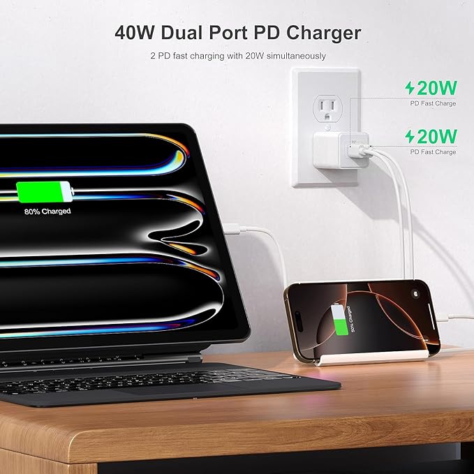 USB C Wall Charger 40W, 1 Pack Dual Port 20W PD 3.0 Type C Fast Charging Block, Durable Compact Power Adapter for iPhone 11/12/13/14/15/16/ Pro Max, AirPods4，watch10 ultra2