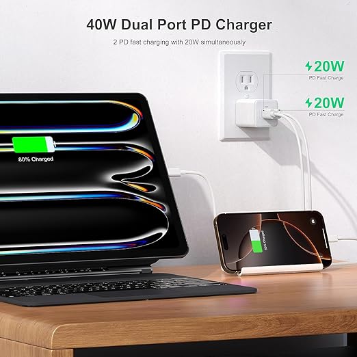 USB C 20W Wall Charger, 2 Pack Dual Port 40W PD 3.0 Type C Fast Charging Block, Durable Portable Charger for iPhone 11/12/13/14/15/16 Pro Max, iPad Pro, AirPods 4, for Apple Watch 10, Samsung Galaxy