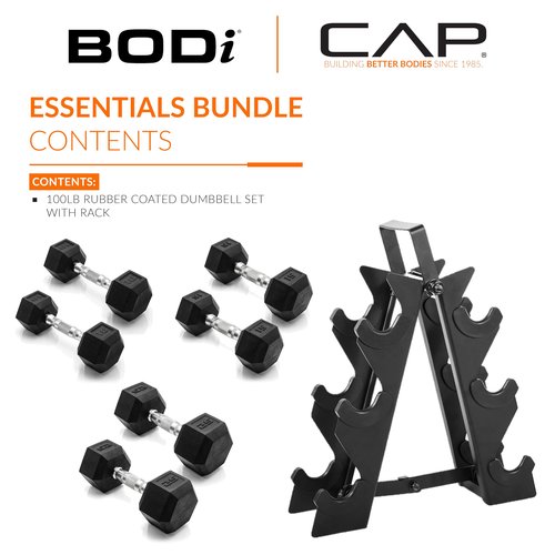 CAP Barbell & BODi Essentials Bundle - 100lb Coated Hex Dumbbell Weight Set with Vertical Rack