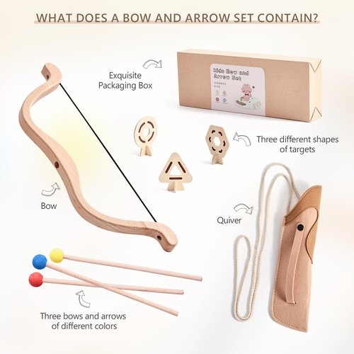 Kids Bow and Arrow Wooden Archery Toy Set for Kids Ages 3+ Bow and Arrow Set Includes 3 Arrows 3 Targets Quiver Indoor and Outdoor Toys for Children Boys Girls