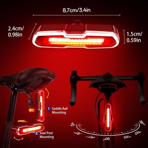 Bike Tail Light Powerful 110 Lumens - Bike Lights 5 Modes Red/Blue, Waterproof IP64, Rechargeable USB-C, Quick Release Brackets for Saddle & Seatpost, DON PEREGRINO B2 Bicycle Lights