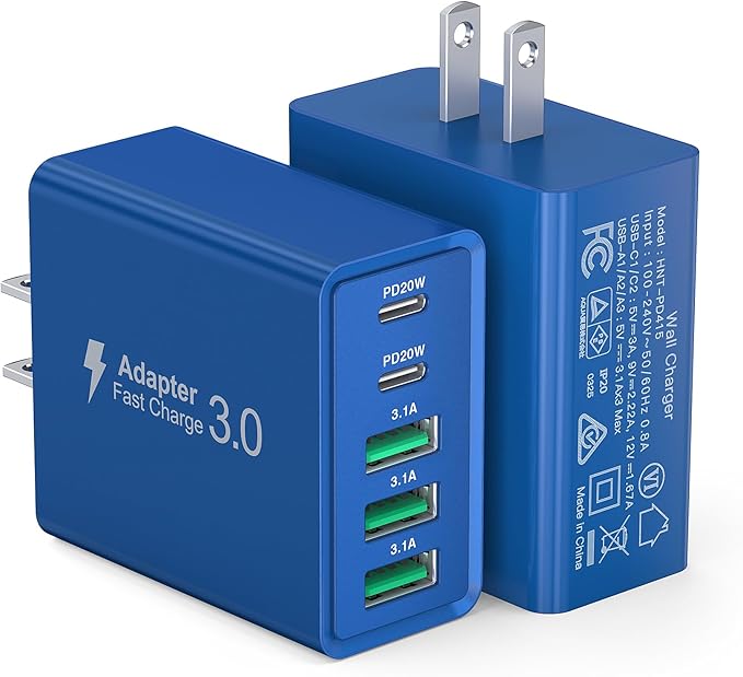 USB C Wall Charger, 50W USB C Charger Block 2-Pack 5-Port PD Fast Charging Blocks,Multiport 2USB C+3USB A Plug,Type C Power Adapter Brick Cube for iPhone 16/15/14/13,Samsung,for Switch（Dark Blue）