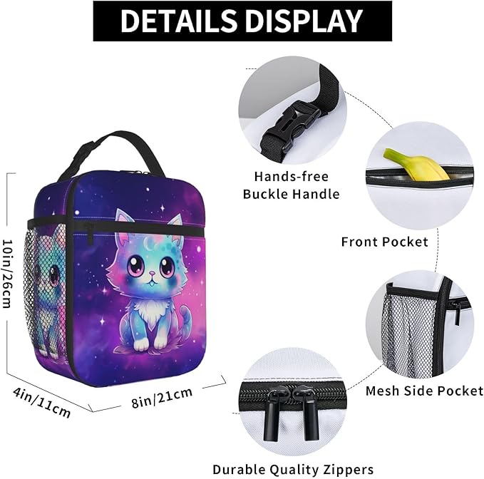 Galaxy Cute Cat Printed Insulated Lunch Box Portable Purple Lunch Bag with Detachable Handle,Reusable Lunchbox for Girls Boys Adults