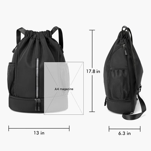 XMYAOWEI Sport Gym Bag Drawstring Backpack Beach Bag for Men Women with Shoe Compartment and Reflective Strips (Black)