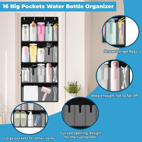 SelfTek Over the Door Water Bottle Tumbler Organizer, 17 Pockets Large Capacity Cup Organizer for S-tanley 40oz Tumbler, Foldable Hanging Holder with Straw Pocket, Cup Storage Back of Door