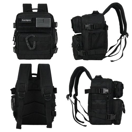 Aocmpxs Mini Tactical Backpack, 9L Small Gym Backpacks Sport Bag for Men Women Molle Military Pack with US Flag Patch and Carabiner (Black)