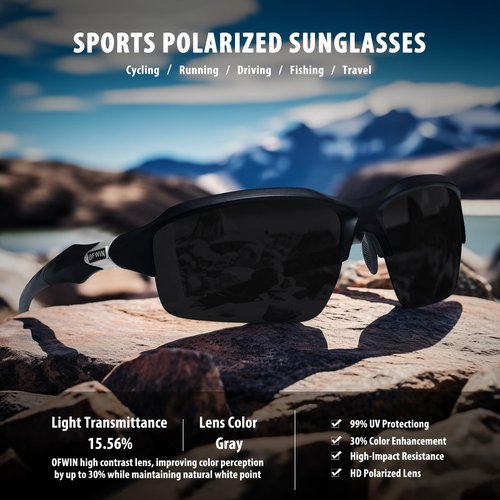 Ofwin Polarized Sports Sunglasses for Men Women Wrap Around Half Frame Cycling Fishing Bike Running Sun Glasses UV Protection Matte Black Frame/Gray Lens