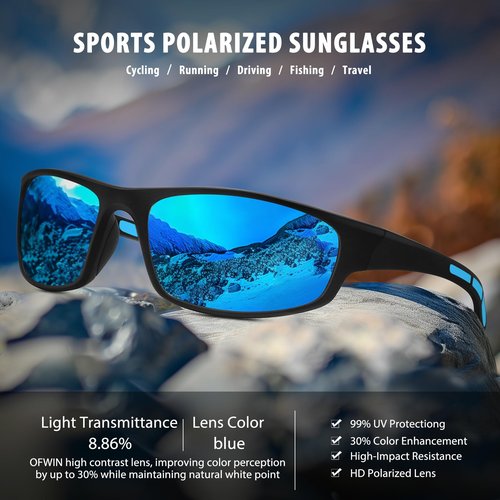 Ofwin Sports Polarized Sunglasses for Men Women Wrap Around Sun Glasses Fishing Cycling Driving Running UV Protection Blue Mirrored