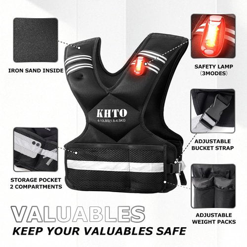 KHTO Adjustable Weighted Vest for Men and Women – X Shaped Weight Vest with Warning Light, Reflective Strip – Weighted Walking Vest Strength Training Weight Vests for Home, Gym (4-10lb)