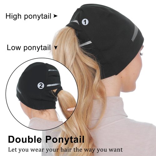 GADIEMKENSD Ponytail Beanie for Women Running Winter Hat with Reflective Accents Thick Warm Skull Cap Messy High Bun Hat for Cold Weather Ski Snowboard Hiking Workout Golf Black