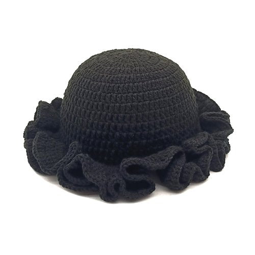 Eilova Orityle Women Crochet Bucket Hat Cute Winter Ruffled Brim Floppy Cap Handmade Knit Cloche Hats Cute Boho Beanie Skull Caps Black