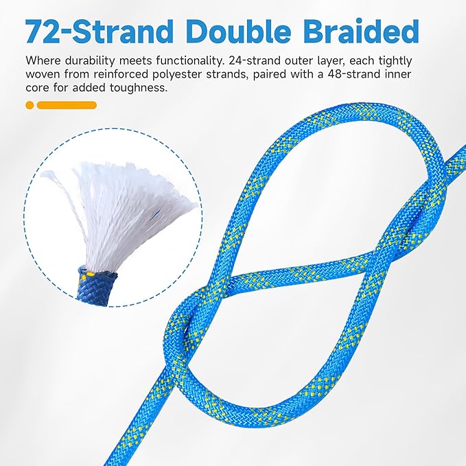 Rigging Rope 1/2 in x 150 Ft Double Braided Polyester Rope Polyester Braided Arborist 48 Strands for Various Outdoor Applications Construction Climbing Swing Sailing (Blue, 1/2X150FT)