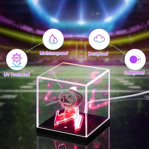 Colingmill Acrylic Championship Ring Display Case with LED Light 7 Color Clear Ring Holder UV Protected Light up Display Box for Sports Basketball Baseball Souvenir Memorabilia Gift