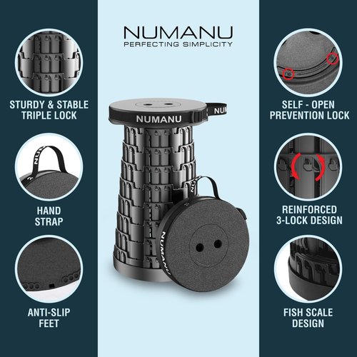 NUMANU 2-Pack 2025 Upgraded Collapsible Stool & Dual Carry Bag + Clips, Max 620lb Portable Folding Stool, Height Adjustable Retractable Telescopic Seat, Travel Chair, Foldable Camping Stool/Footrest