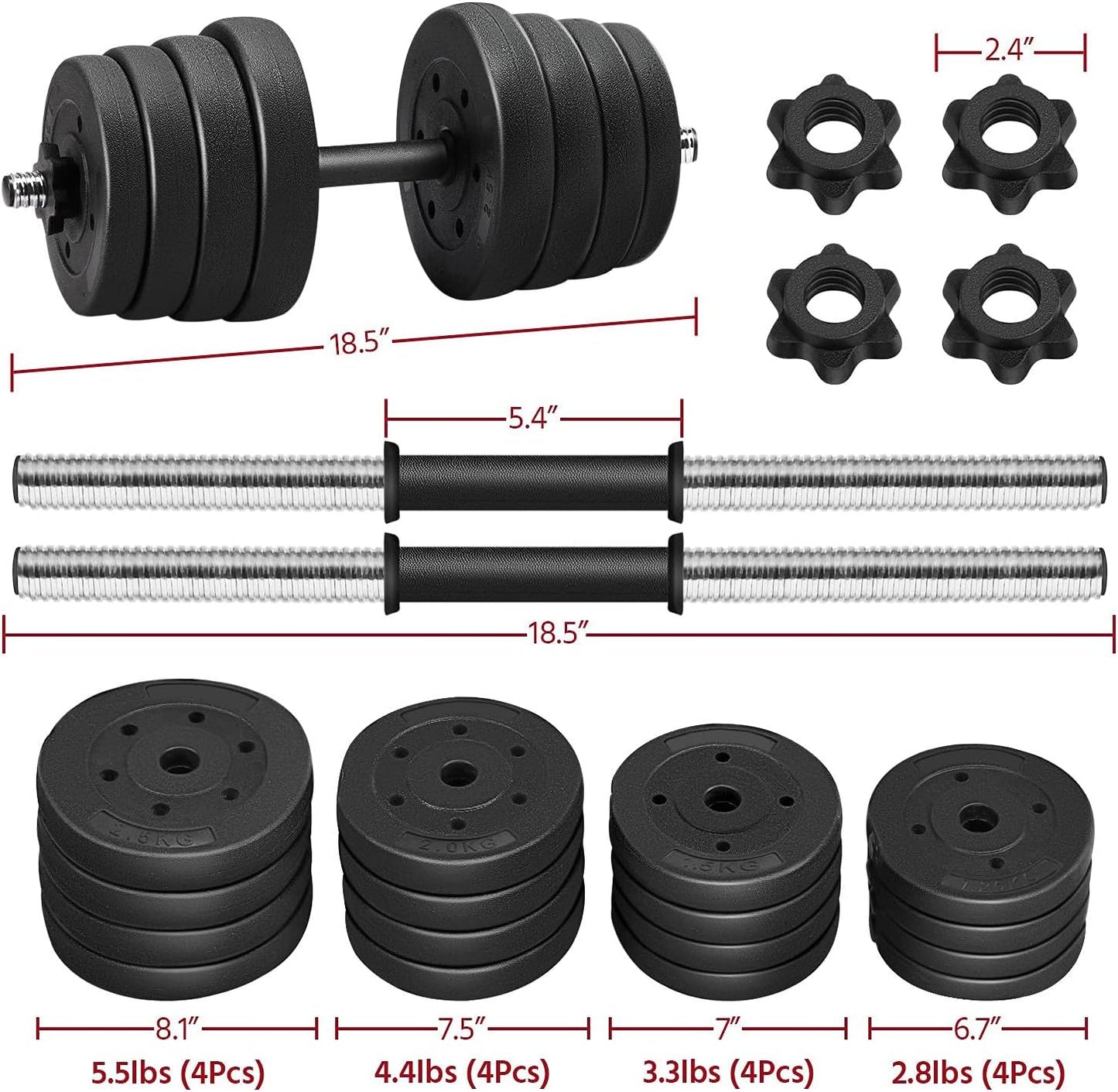 Yaheetech 66LB Weight Dumbbell Set Fitness Adjustable Cap Gym/home Barbell Plates Body Workout for Women and Men Strength Training