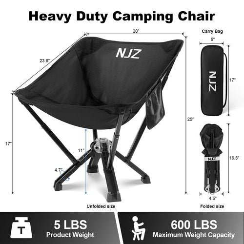 NJZ Compact Camping Chair, Portable Comfortable Camping Chair for Adults - 600 LBS Capacity Sturdy Camping Folding Chair with Quick Setup & Carry Bag Compact Camp Chair (Black)