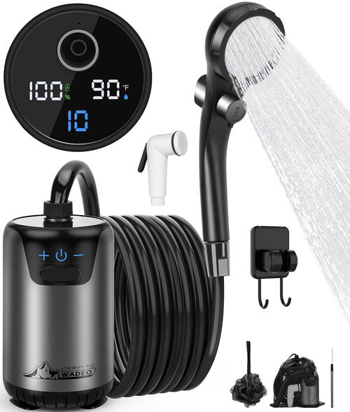 WADEO Portable Shower, 8000mAh Rechargeable Camping Shower Pump with 10 Spray Modes, Fahrenheit Display, IPX7 Waterproof, Ideal for Outdoor Camping, Travel, Car Washing, Pet Bathing