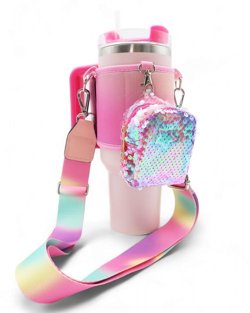 TOVICE Stanley Cup Holder with Strap, Crossbody Strap for Stanley 40oz & 30oz /Hydroflask/Simple Modern, Glitter Sequin Coin Purse, Pink Stanley Cup Accessories, Fits Most 32-40oz Bottles