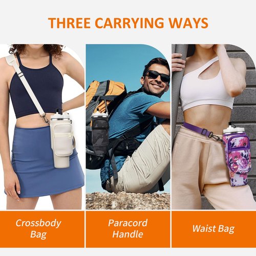 AceTreker Carrier Bag with Phone Pocket for Stanley 30/40 oz Tumbler with Handle - Water Bottle Sling Holder for Stanley Cup Accessories with Adjustable Shoulder & Straw Cap-Wild Rose
