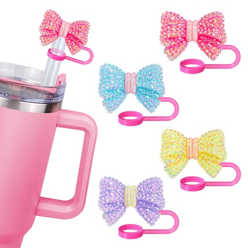 Hikkcos 4Pack Cute Bowknot Straw Cover Cap for Stanley Cup,30 40 Oz Silicone Straw Topper Compatible with Water Bottle Cup 10mm Dust-Proof Reusable Straw Tips Lids