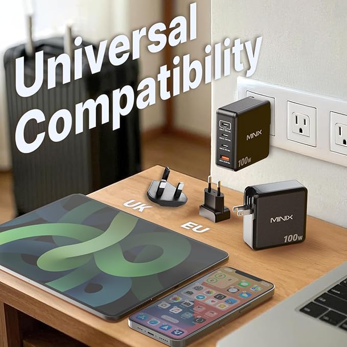 MINIX 100W USB C Charger, 4-Port USB-A/C Foldable Fast Gan Charger (Max 100W/30W/22.5W), Compatible with MacBook Pro/Air, iPad, iPhone 15/16 Pro, Galaxy S24, and More for Home, Traveling