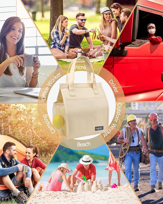 Fmeida Insulated Lunch Bag Women, Simple Lunch Tote Bags, Waterproof Thermal Cooler Lunch Bag, Reusable Adult Lunch Box Bag for Women | Small Beige, Front&Side&Interior Pockets