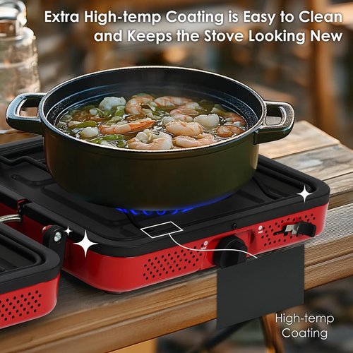 RexTact 2 Burner Camping Stove with Carrying Bag, Foldable Propane Camp Stove with 17,200 BTU for Camping, Outdoor Cooking, Portable Gas Stove with Adjustable Burner for Tailgating, Backyard BBQ,Red
