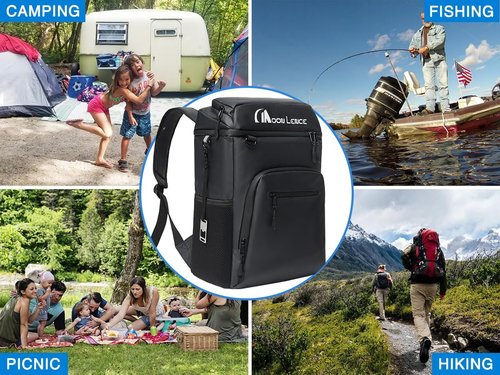 MOON LENCE Backpack Cooler for Men 32 Cans, Camping Backpack Leak Proof w/Multi Insulated Compartments, Portable Lightweight Lunch Backpack for Beach Travel Picnics, Black