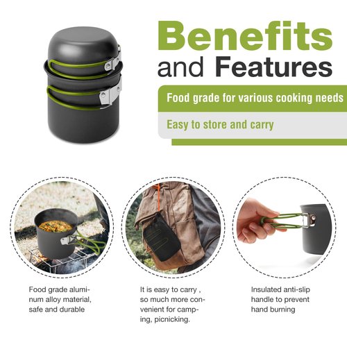 NEUEFAMI Compact Camping Cookware Set - Lightweight Backpacking Pots and Pans Kit for Camping, Hiking, Backpacking, Picnic and Other Outdoor Activities (Green)