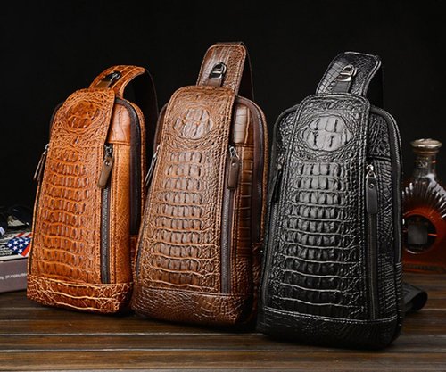 Mens Sling Bags Crocodile PU Shoulder Crossbody Chest Bag Satchels Hiking Daypack Dark Brown