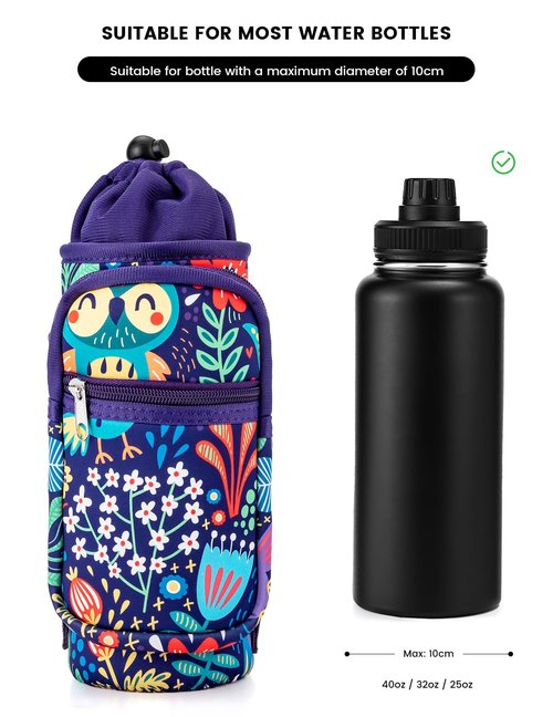 molshine Water Bottle Carrier Bag Holder with Phone Pocket Adjustable Strap for 25 32 40oz, Insulated Neoprene Cover Sleeve Sling Crossbody Bag for Walking Camping Hiking Travelling (Owl)