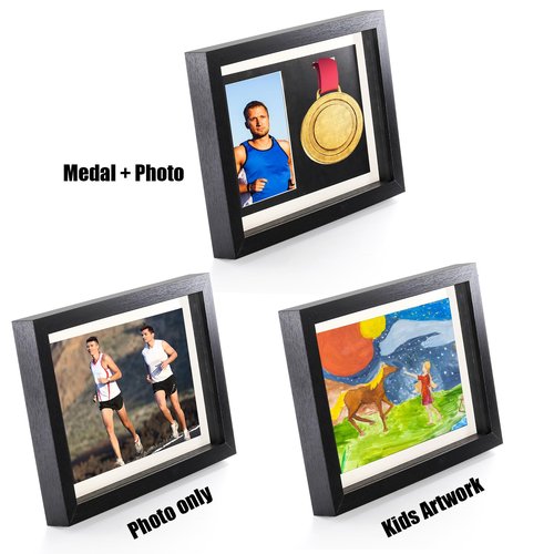 Hacaroa Medal Display Shadow Box, Single Medal and Photo Display Frame Case, Wood Marathon Medal Storage Box for Runners, All Sports Winners, Military Awards, Black