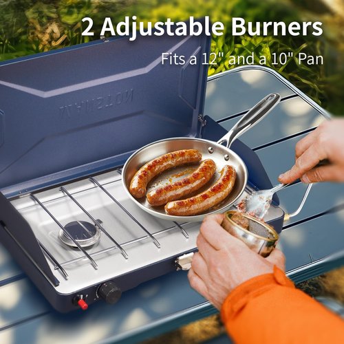 VANSTON Gas Camping Stove, Portable Separately Adjustable Double Propane Burner, Push Button Instant Ignition Grill, Built-in Carrying Handle & Wind Panels, Includes Pressure Regulator Tube