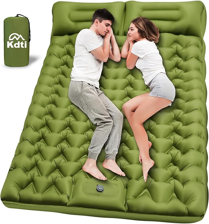 Double Inflatable Sleeping Pad for 2 Person - Ultralight Air Mattress with Built-in Foot Pump, Durable Waterproof Camping Pad for Couples, Backpacking, Hiking (Green)