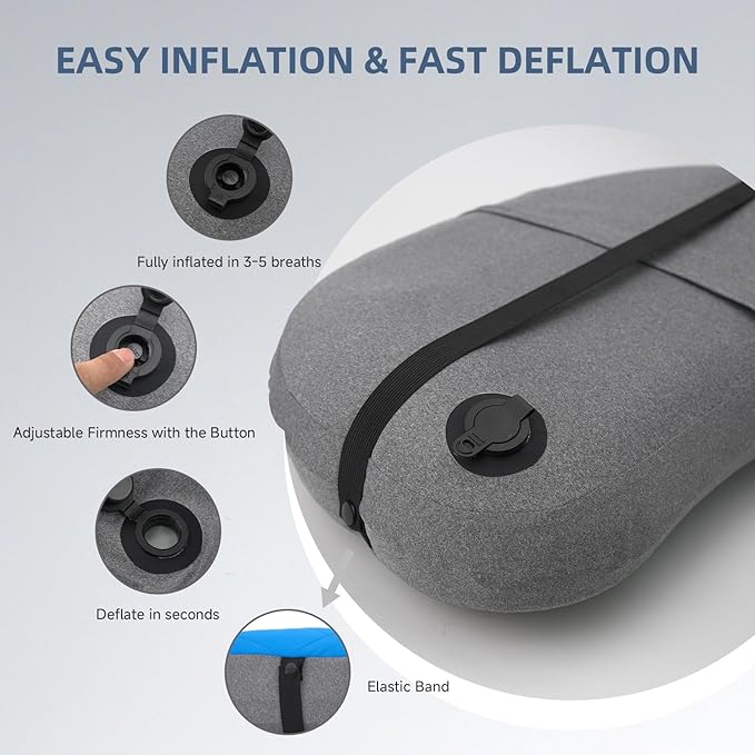 Ultralight Camping Pillow Inflatable with Removable Washable Cover, Compact Travel Pillow for Neck Support, Hiking, Backpacking, Office, Airplane, Car & Beach - Adjustable Firmness (Blue)