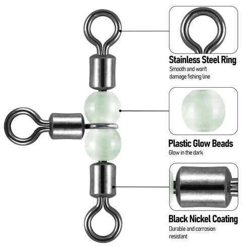Dr.Fish 20 Pack 3-Way Fishing Swivels with Glow Beads Barrel Swivels Fishing Tackle T Shape Stainless Steel Three Way Catfish Rig 3 * 4