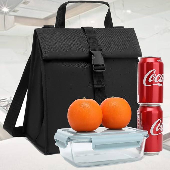 Insulated Lunch Bag for Men/Women/Kids, Roll top Reusable Lunch Box with Adjustable Shoulder Strap, Thermal Lunch Cooler Tote Container for Adults/Teens School Work Office Picnic,Black