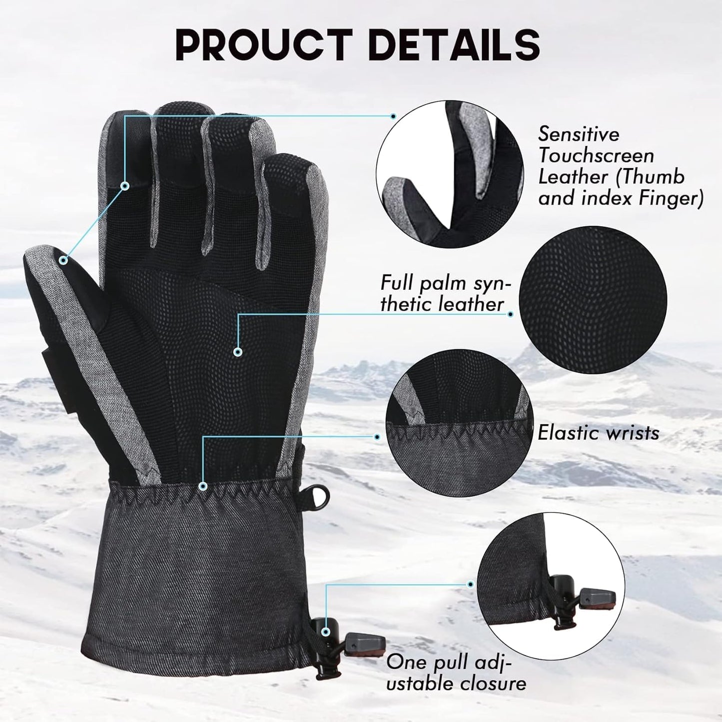 Waterproof Ski Snowboard Gloves with 3M Thinsulate,Zipper Pocket, Air Vent, Cold Weather Gloves for Men