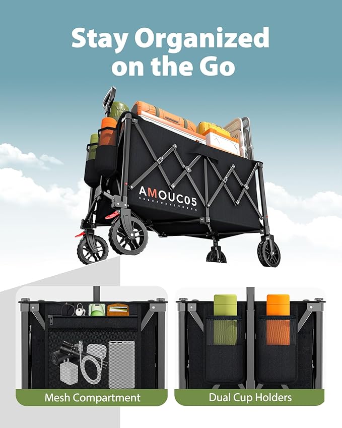 AMADA HOMEFURNISHING Wagons Carts Foldable, Collapsible Wagon with 360° Rotating Wheels and Side Pocket, Large Capacity 350LBS Foldable Wagon Cart for Shopping, Garden, Camping,Sports and Outdoor Use