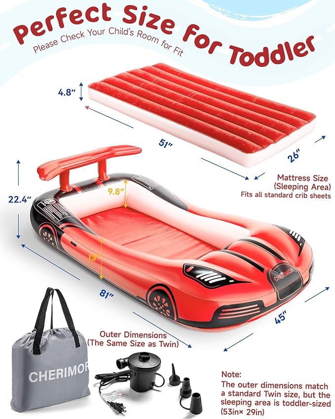 Inflatable Toddler Travel Bed with Safety Bumpers & 2 Mins Auto Inflation Pump, Portable Toddler Kids Air Mattress with Carry Bag for Home Grandma's Sleepovers Travel Camping, 330lbs Support