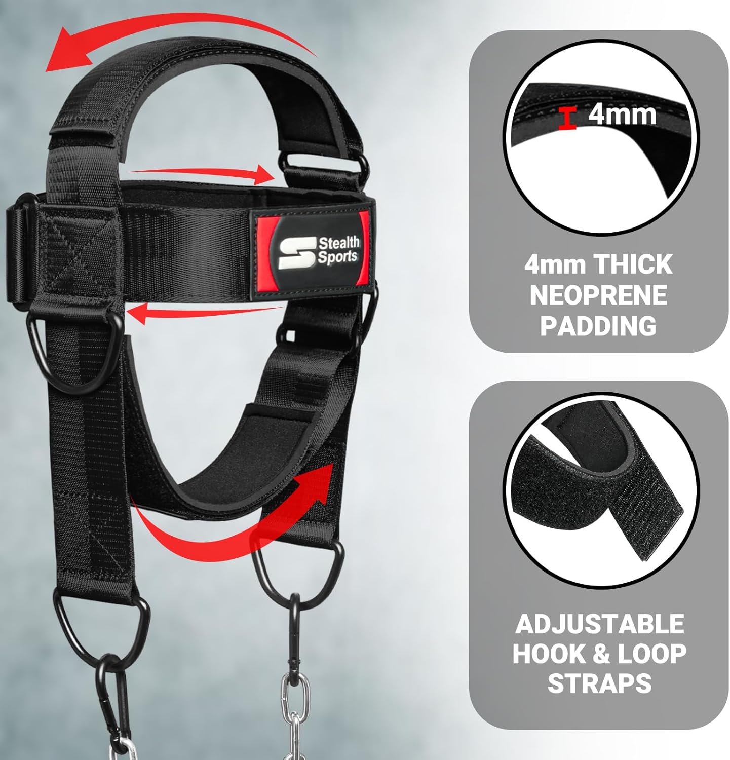 Neck Harness with 88cm Adjustable Chain - 360 Degree Thick Neoprene Padded Chin & Head Straps Neck Exerciser for Weight Training & Neck Workout Head Harness for Weight Lifting