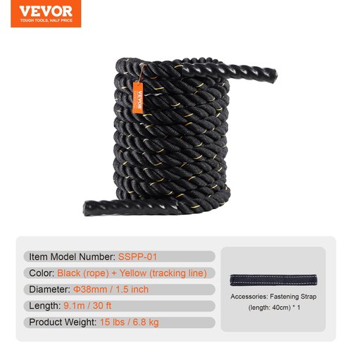VEVOR Battle Rope, 1.5 Inch Diameter 30Ft Length Polyester Exercise Rope, Battle Exercise Equipment, Heavy Weighted Rope for Home Gym Body Workout Core Strength Training Muscle Building Fitness
