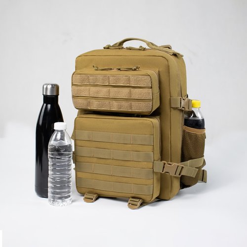 RooPoke 25L Small Tactical Khaki Backpack for Men and Women,Military Backpacks Rucksack with Molle Webbing Camping Daypack Bug Out Bag With Bottle Holder(25L)