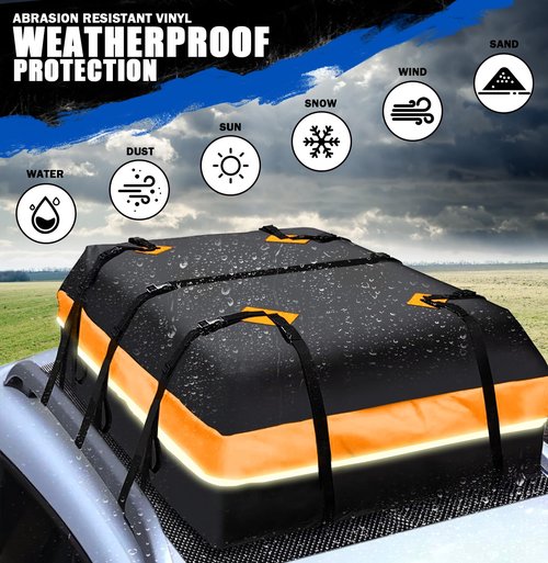 BOPARAUTO 21 Cubic Feet Car Rooftop Bag Waterproof Heavy Duty for All Cars Cargo Carrier Bag with/Without Rack Including Anti-Slip Mat 2 Luggage Locks 2 Extra Straps 6 Strong Nylon Straps Orange Bag